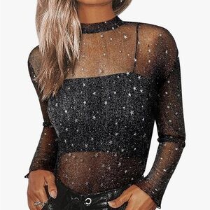 Sheer Long Sleeve Black Starry Women's Blouse